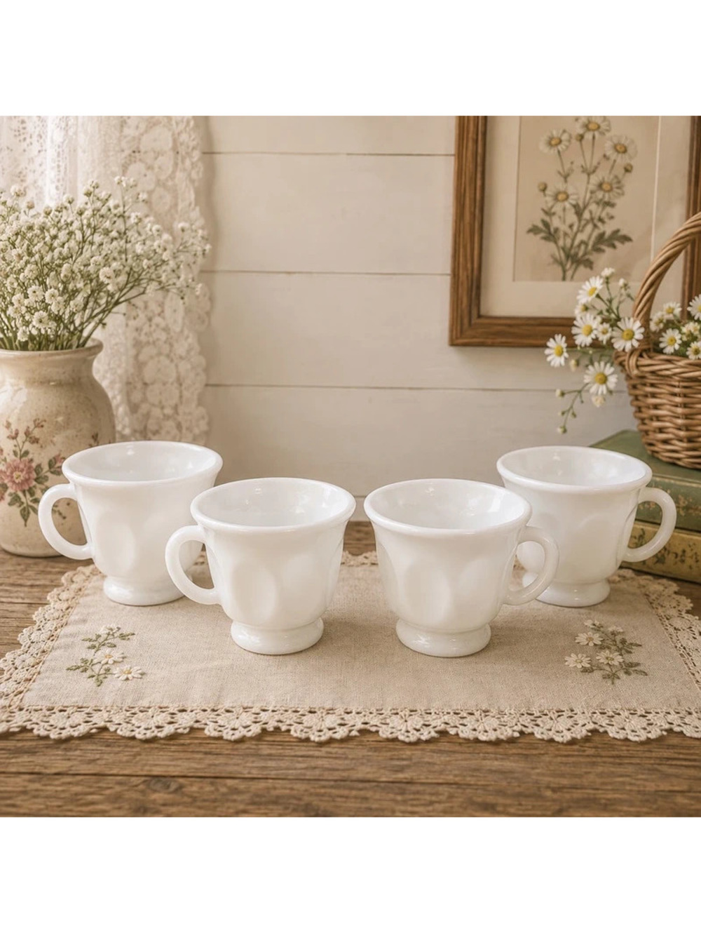 Vintage Milk Glass Footed Cups Set of 4 Embossed Floral Pedestal Mugs [COPY]